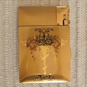 Elgin American ? Gold Tone Cigarette Case with Built In Lighter Floral Etching